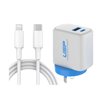 USP White 30W Dual Port Wall Charger With 1m Type-C to Lightning Cable